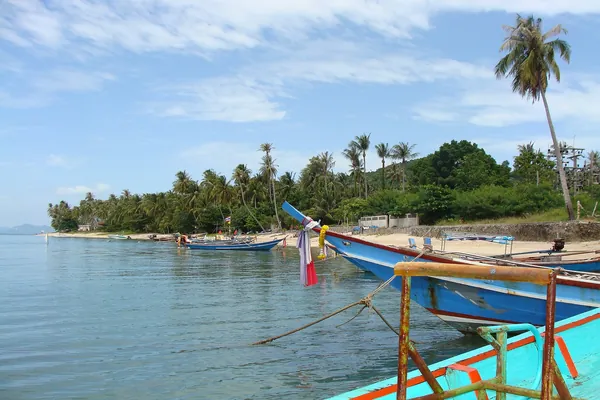 Turquoise water, a wooden longtail boat and a palm-lined beach on Koh Samui, Thailand